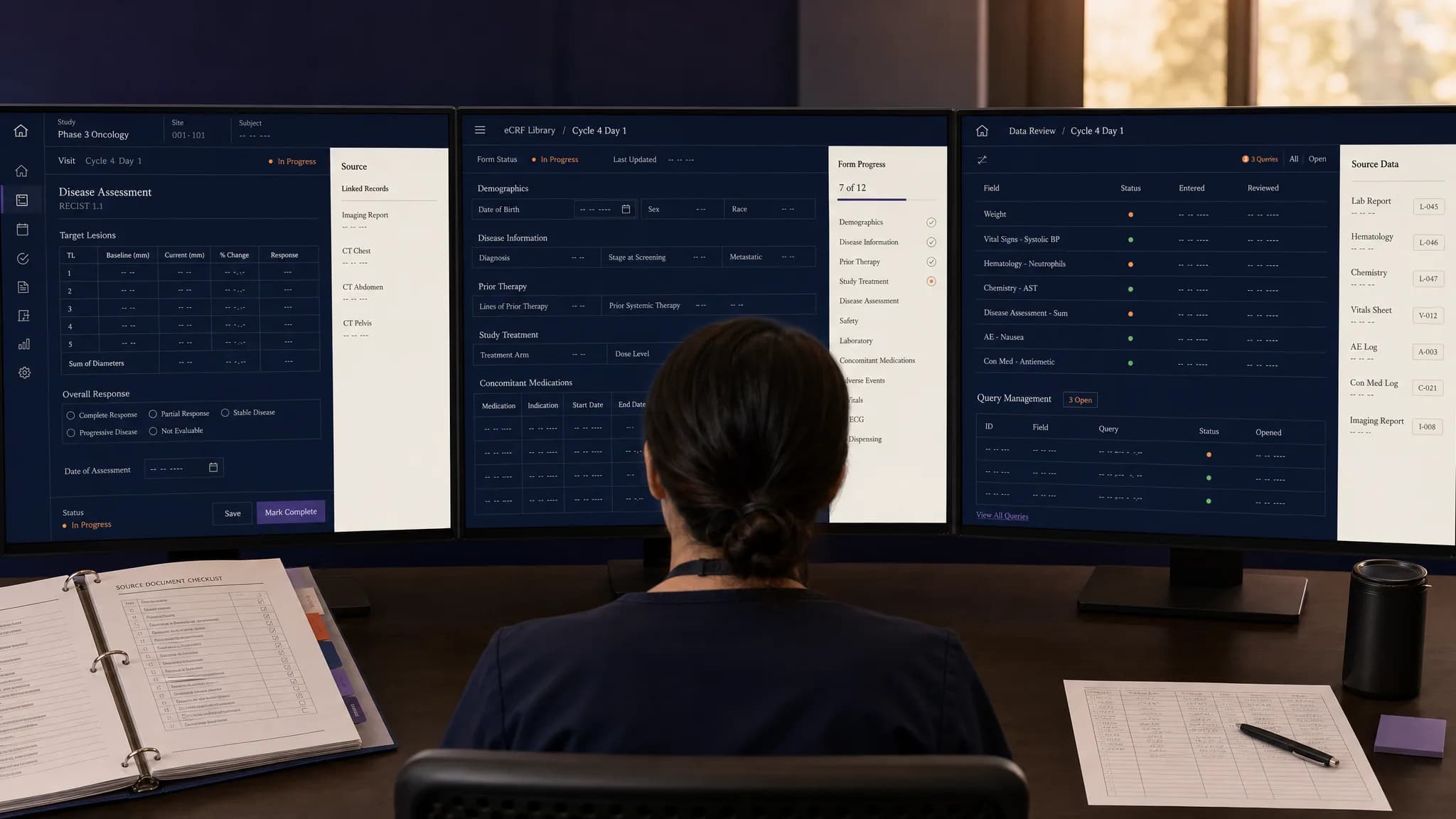 A clinical research coordinator working across three monitors of eCRF forms and open queries