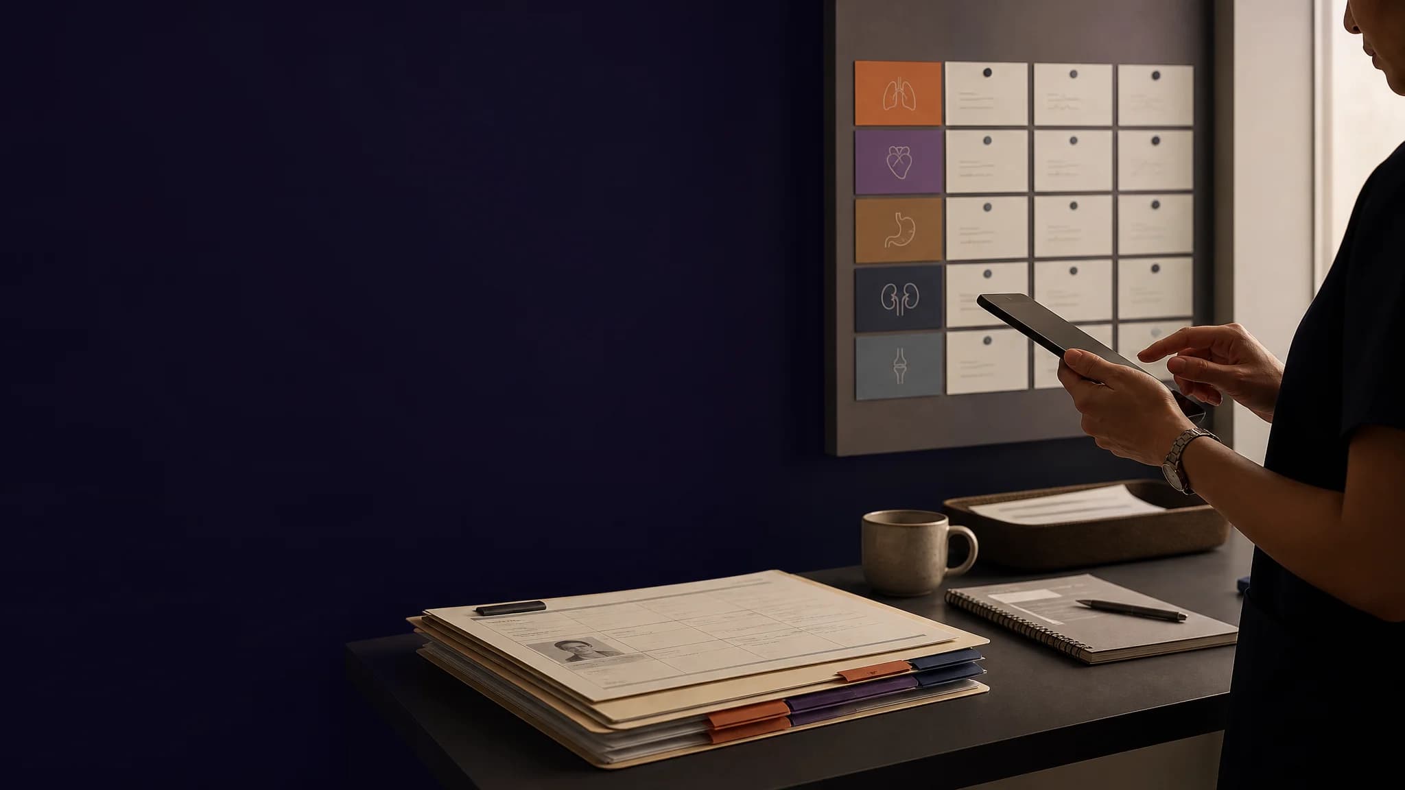 A person holds a smartphone beside a desk with files, a coffee mug, and a board displaying various cards on a dark wall.