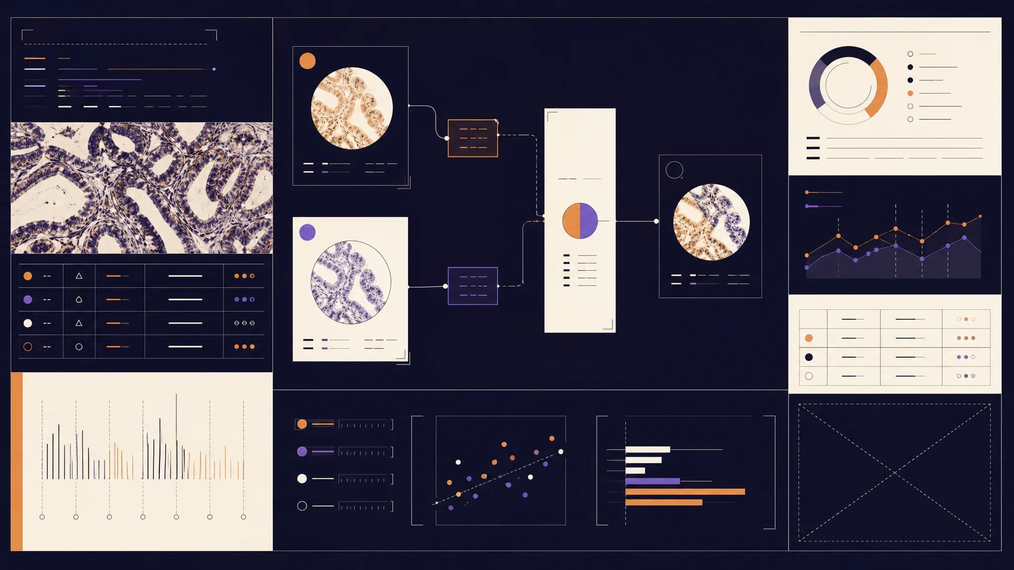 Data visualization elements including charts, graphs, and microscopic images arranged in a dark-themed layout.