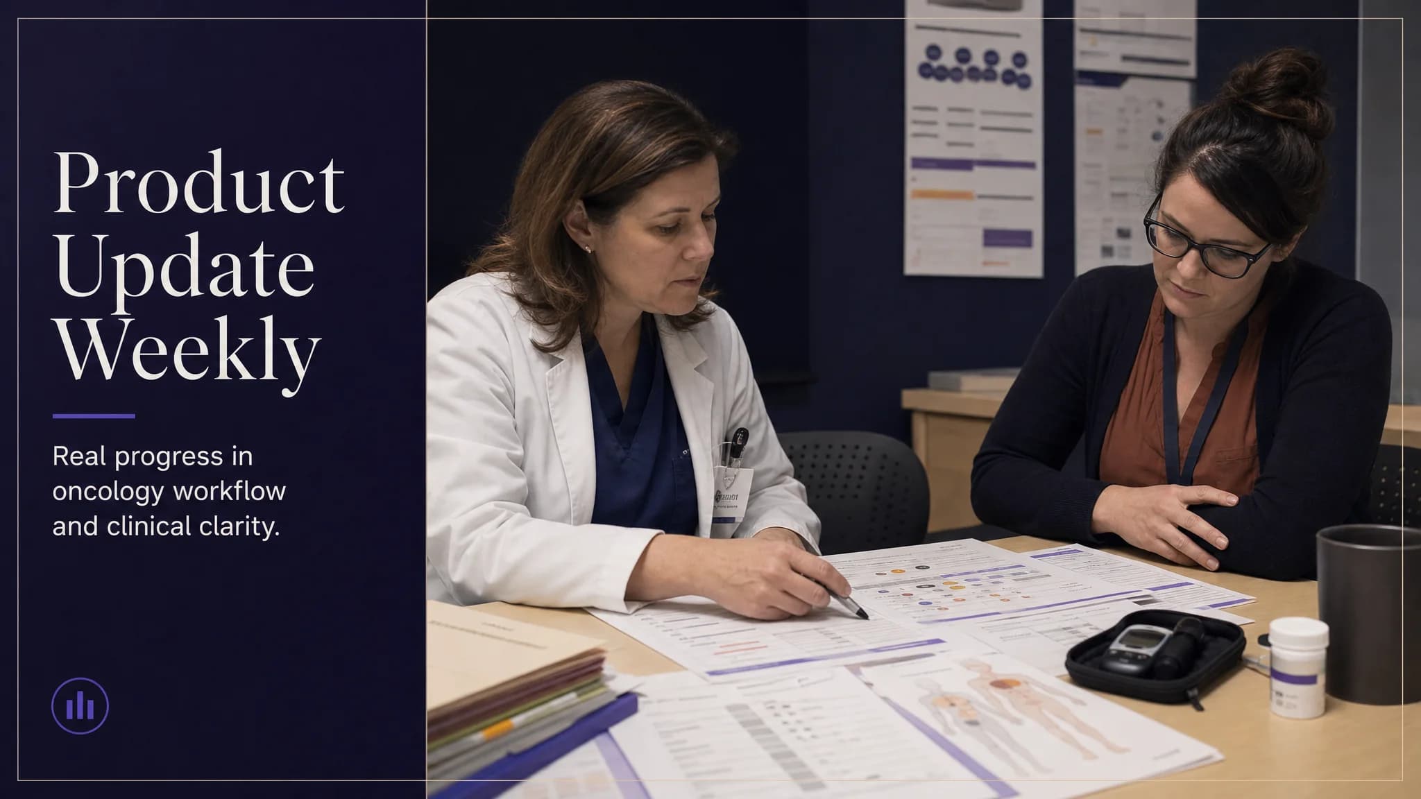 Two women, one in a lab coat and the other in a dark sweater, discuss documents at a table in a professional setting.