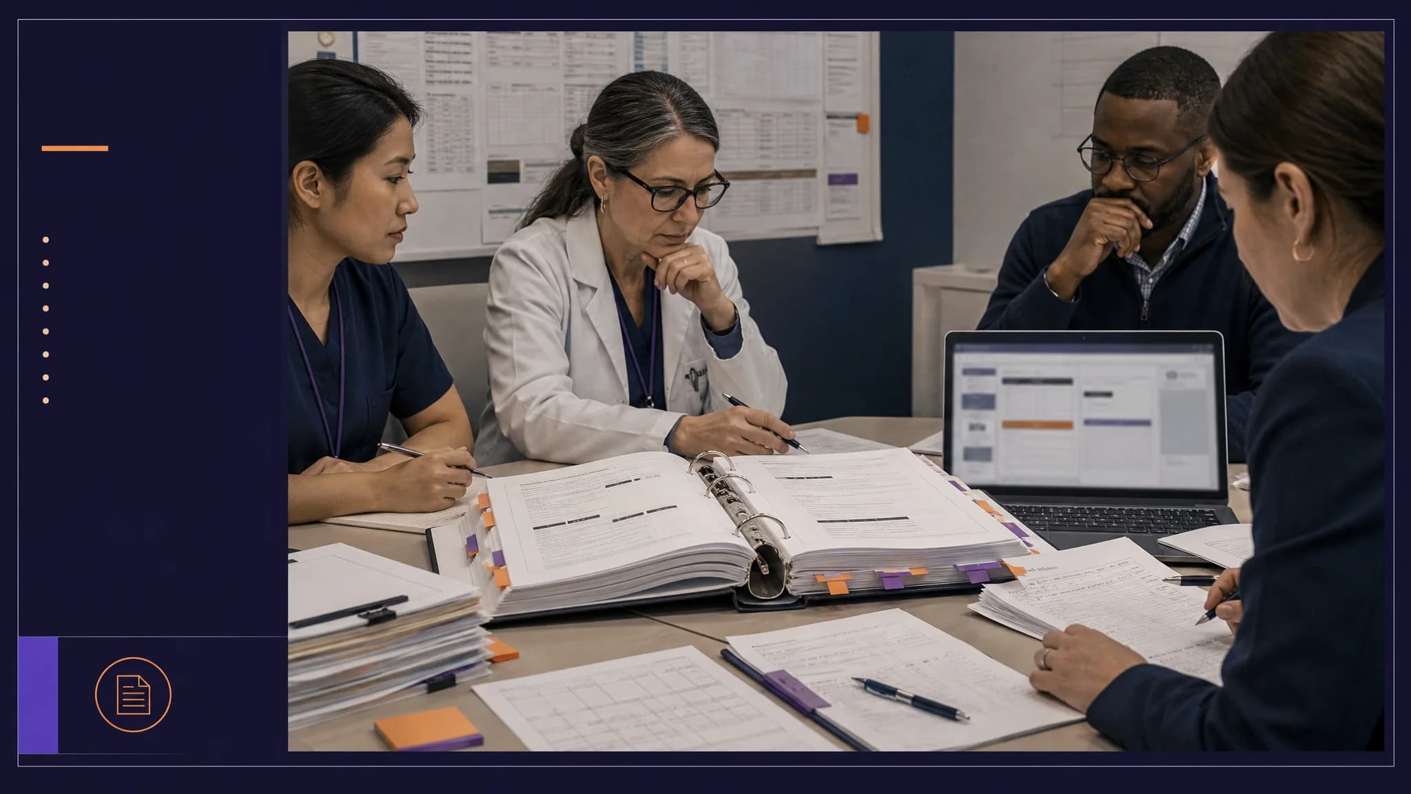 Four professionals collaborate around a table filled with documents and a laptop, focused on discussing a binder.