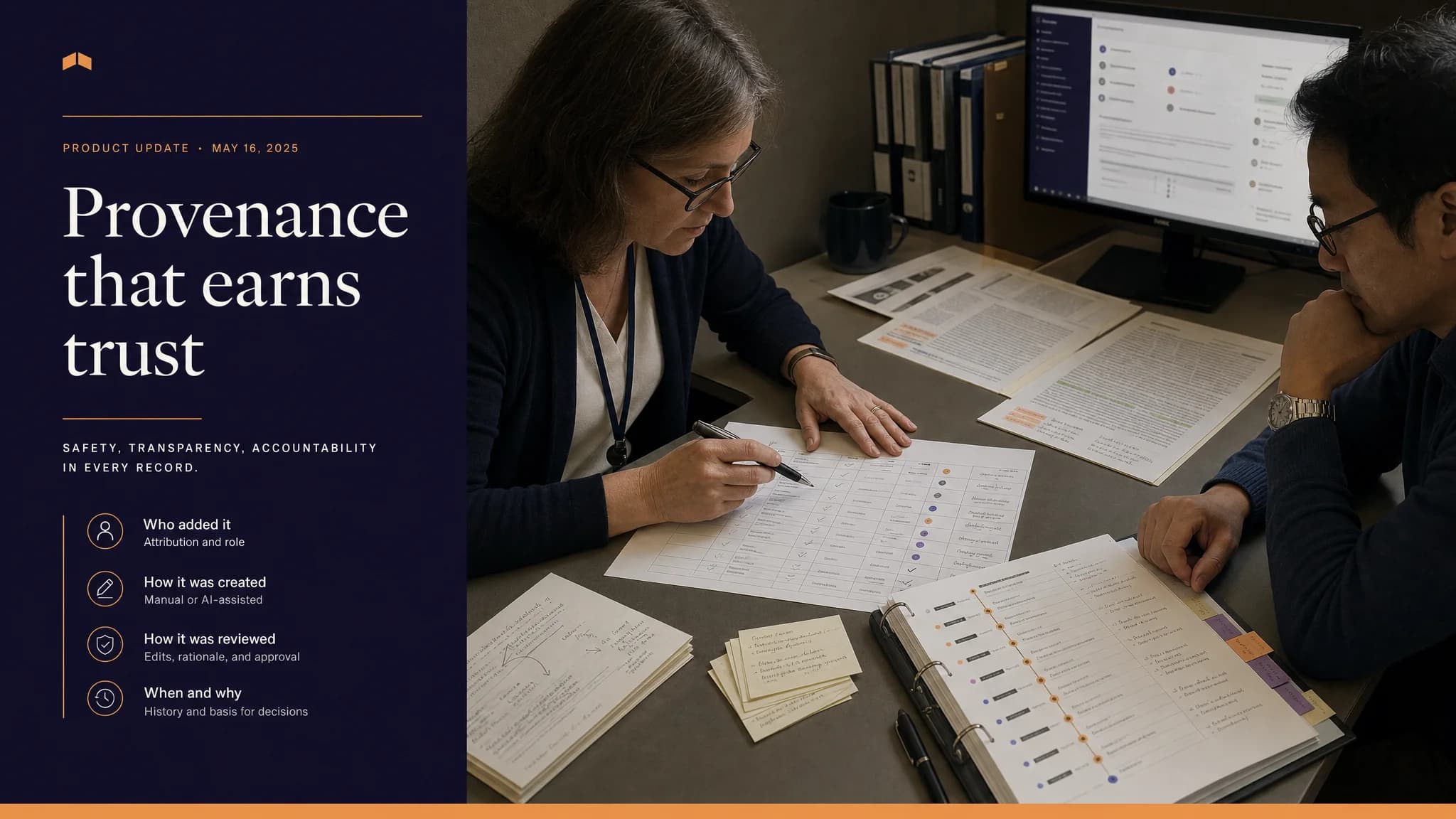 Two reviewers work through printed adverse event logs at a desk, beside a panel listing who added a record, how it was created and how it was reviewed.