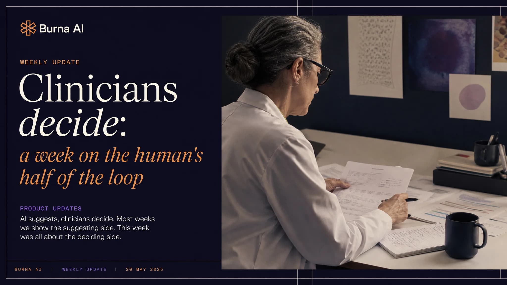 A clinician with grey hair and glasses reads printed notes at a desk, beside the headline 'Clinicians decide'.