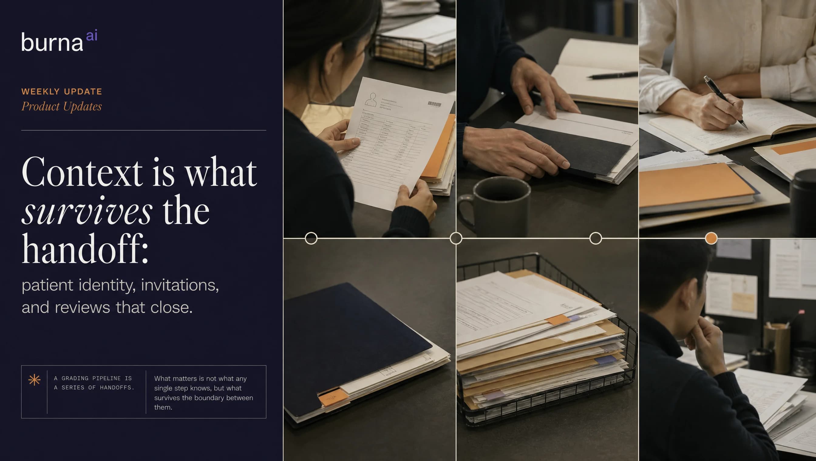 Six photographs of hands reading, writing in and filing paper records, beside the headline 'Context is what survives the handoff'.