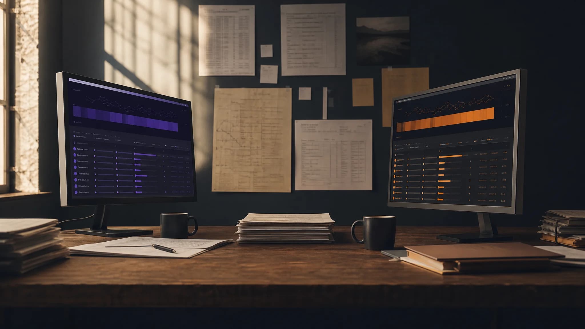 Two computer monitors displaying data graphs sit on a wooden desk cluttered with papers and mugs, surrounded by wall documents.