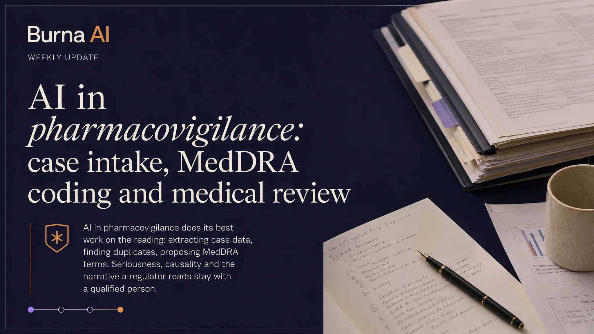Illustration of pharmacovigilance case reports as index cards passing through a funnel into MedDRA-coded rows.