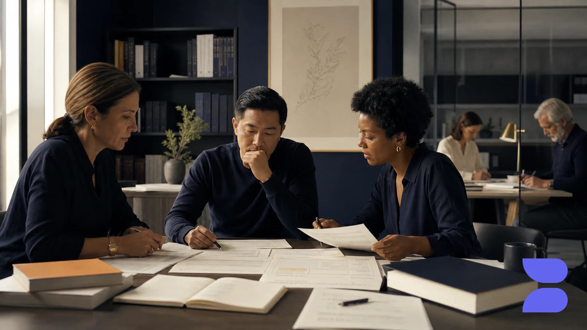 Three colleagues review printed forms spread across a meeting table, pens in hand, in a quiet office.