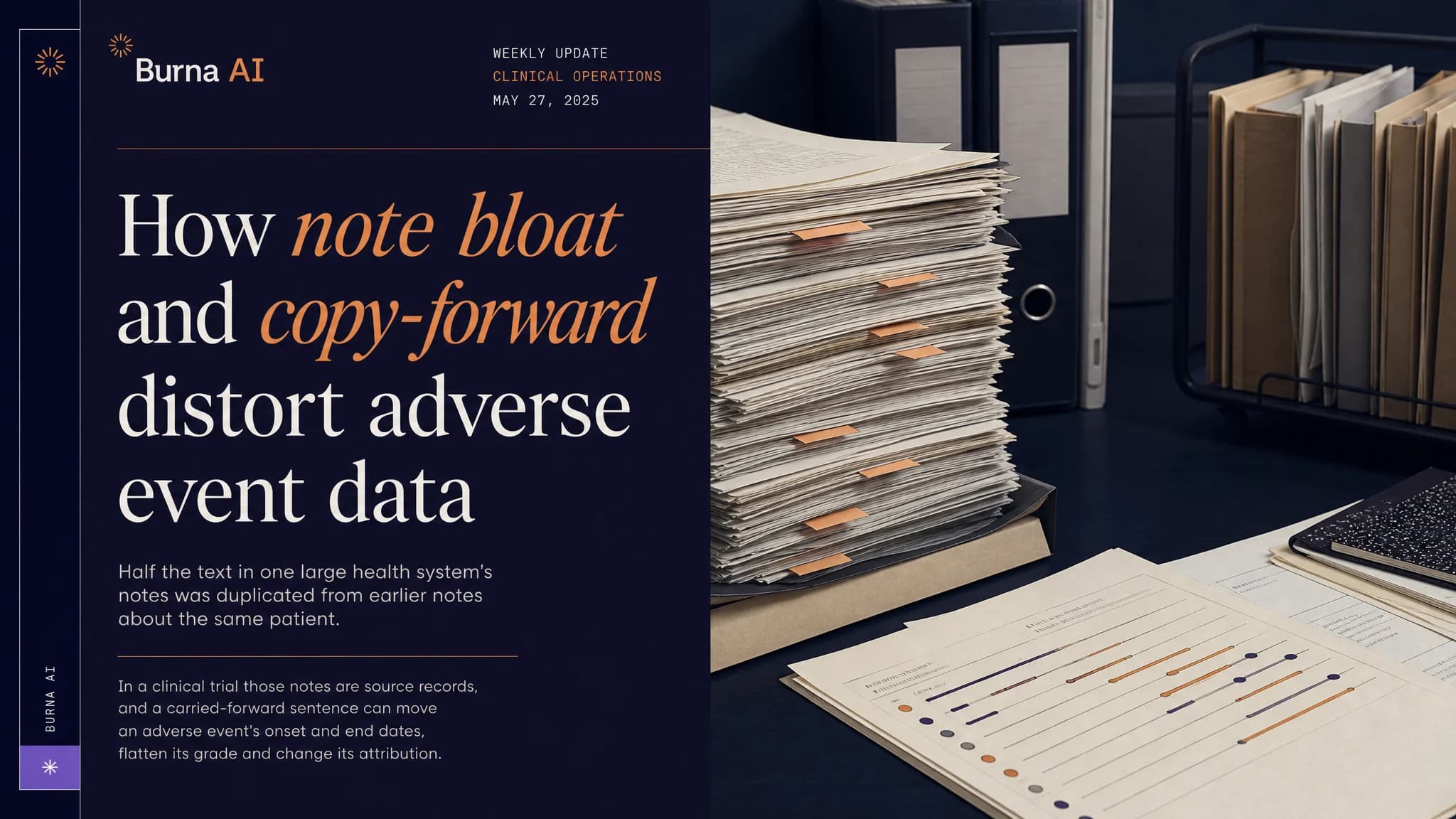 Editorial illustration of a stack of nearly identical clinical notes with one copied-forward line repeated through every page.