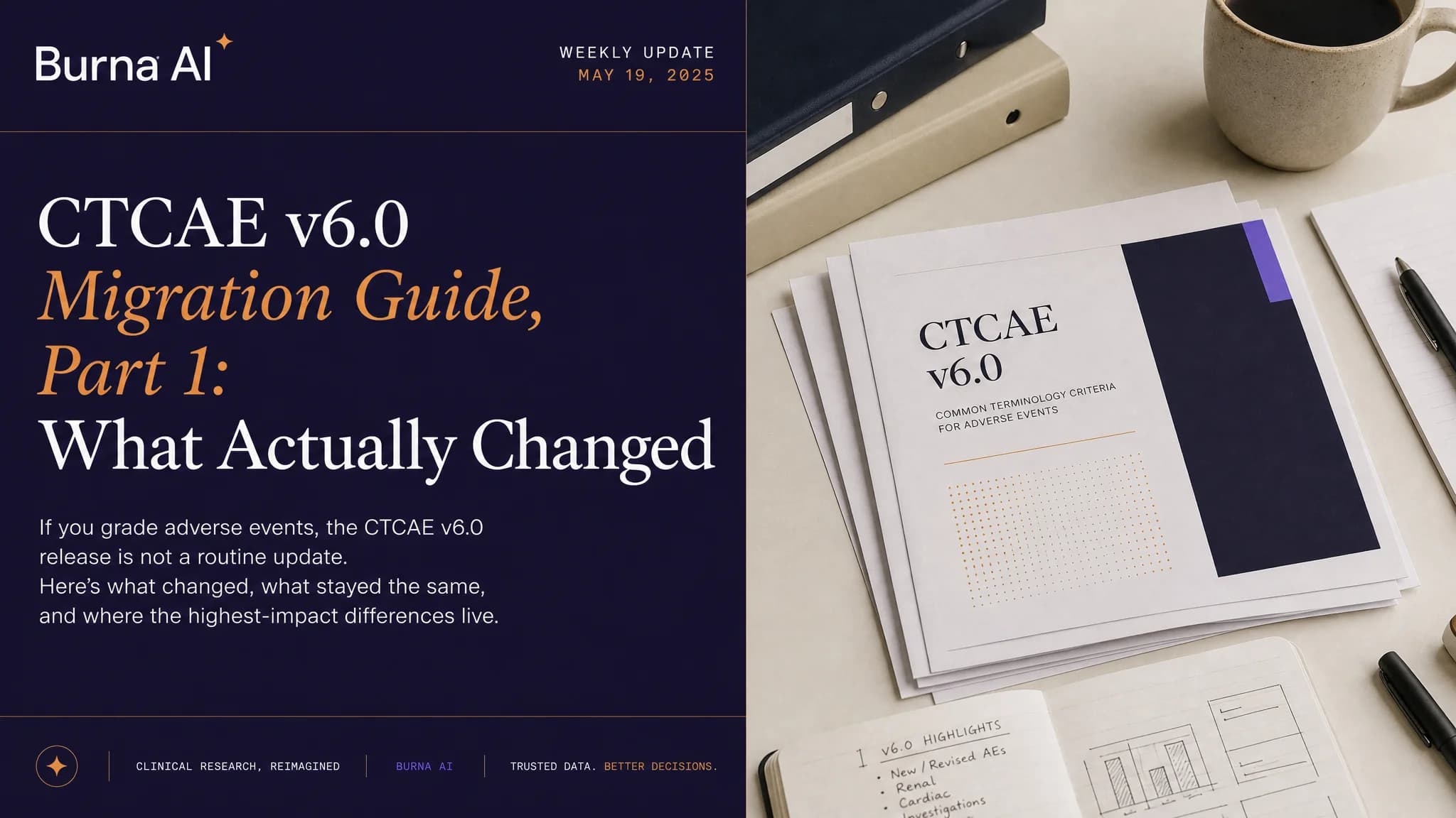 Cover reading "CTCAE v6.0 Migration Guide, Part 1: What Actually Changed" beside a printed CTCAE v6.0 document, a notebook of v6.0 highlights and a coffee mug.
