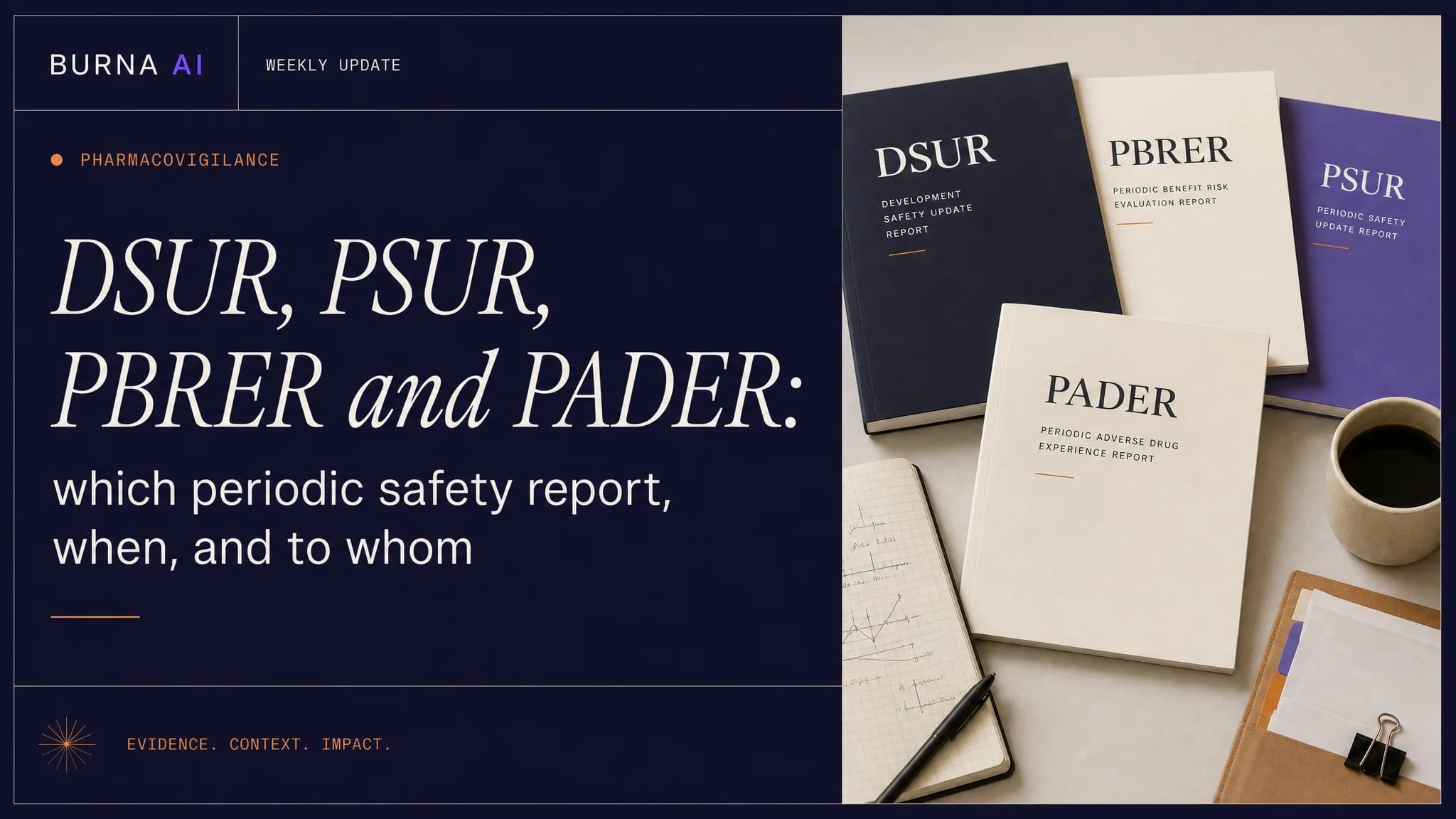 Four printed periodic safety reports titled DSUR, PSUR, PBRER and PADER lying on a desk beside a notebook and a cup of coffee.