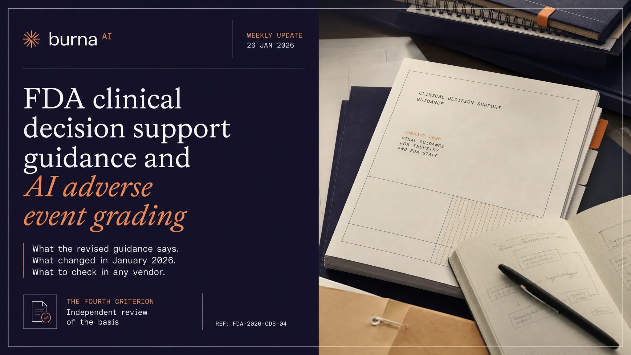Editorial illustration of an open regulation binder with four numbered tabs, standing for the four FDA clinical decision support criteria.