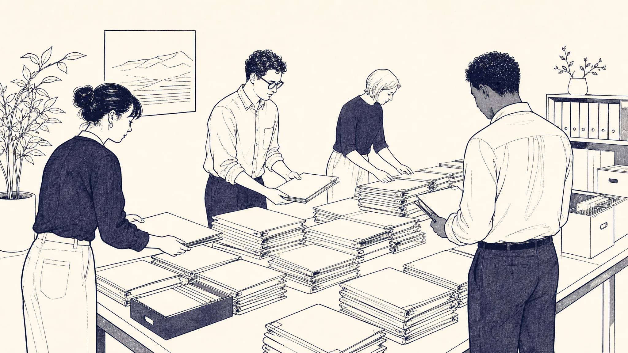 Editorial illustration of a small team moving many folders along one long table