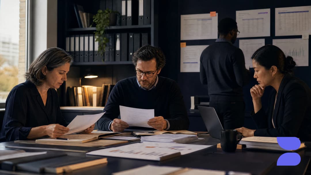 Three colleagues read printed pages at a shared desk, with binders, a laptop and pinned documents behind them.