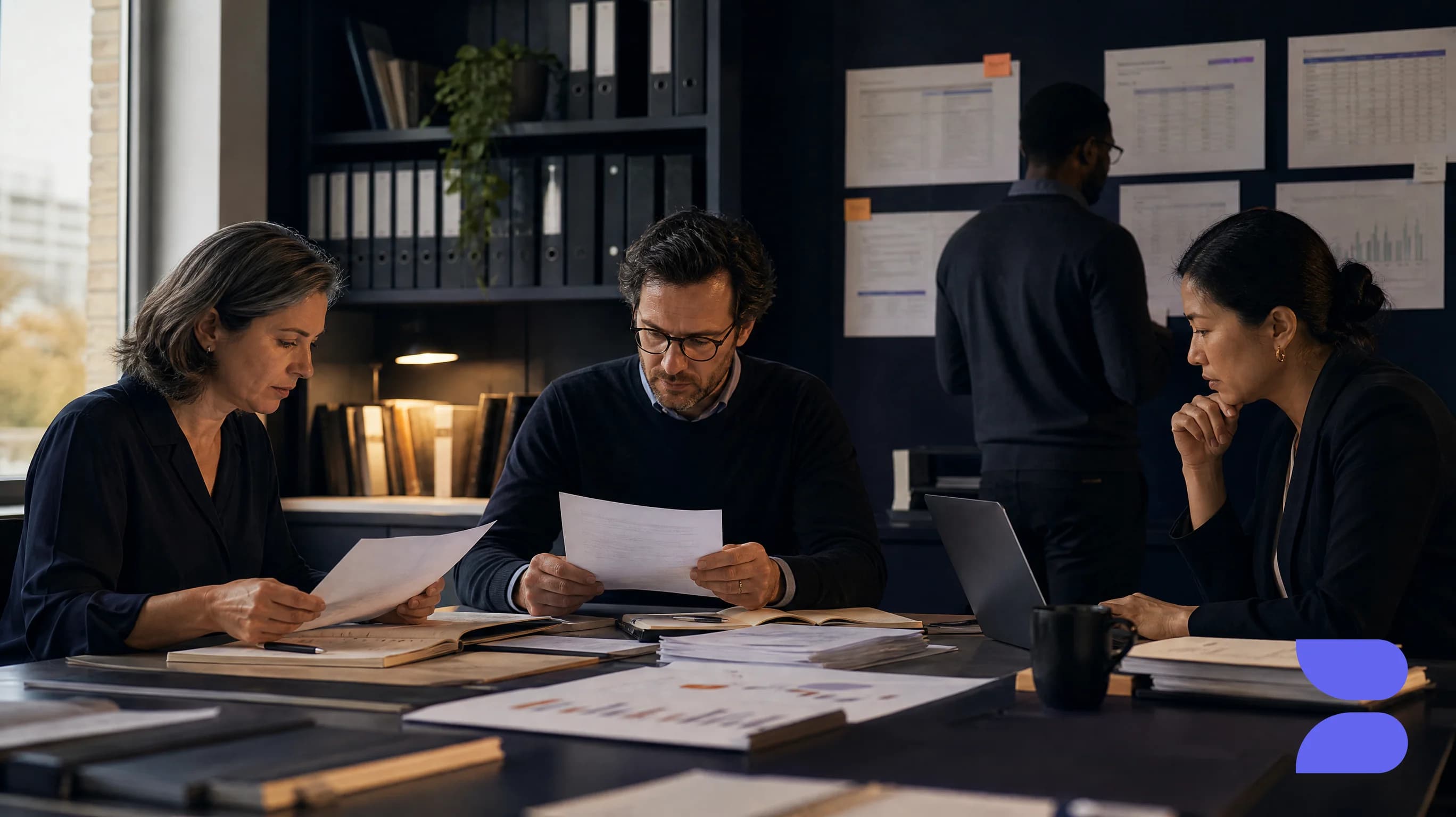 Three colleagues read printed pages at a shared desk, with binders, a laptop and pinned documents behind them.