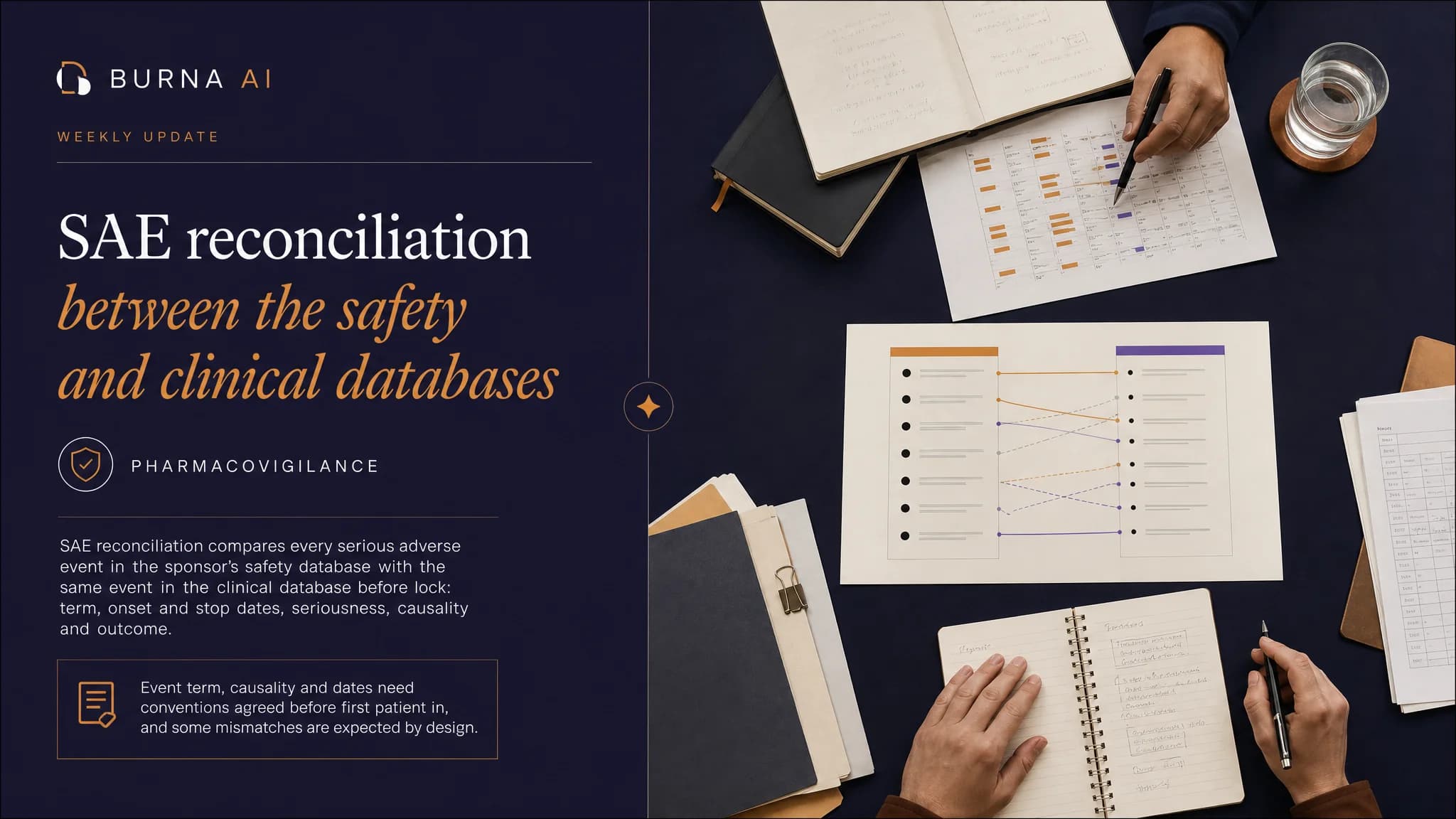 Editorial illustration for SAE reconciliation: two ledgers side by side, with check marks meeting in the middle