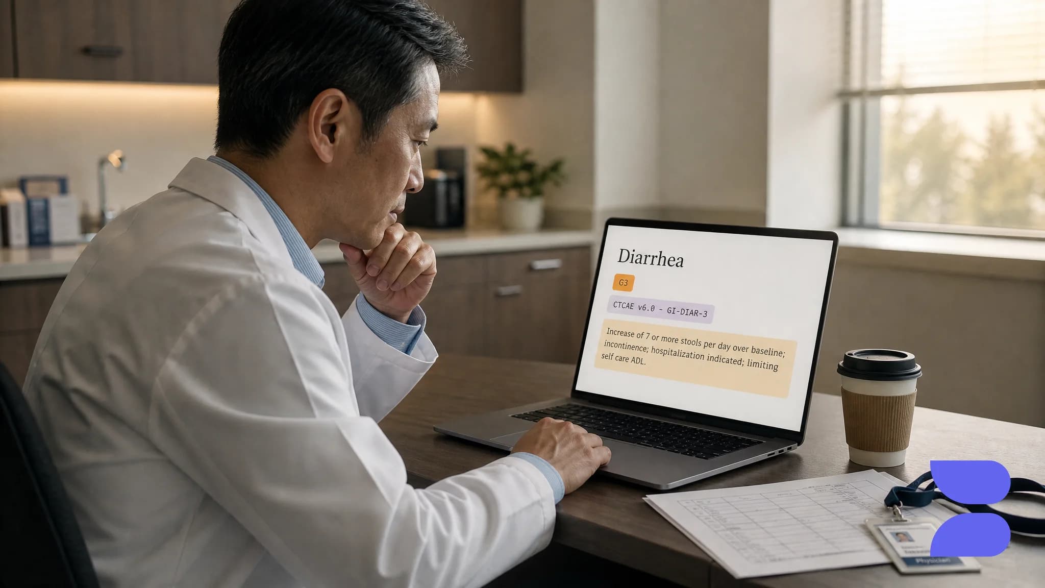 An oncologist reading a graded encounter on a laptop: the term Diarrhea, an amber G3 grade chip, and the CTCAE v6.0 criterion code