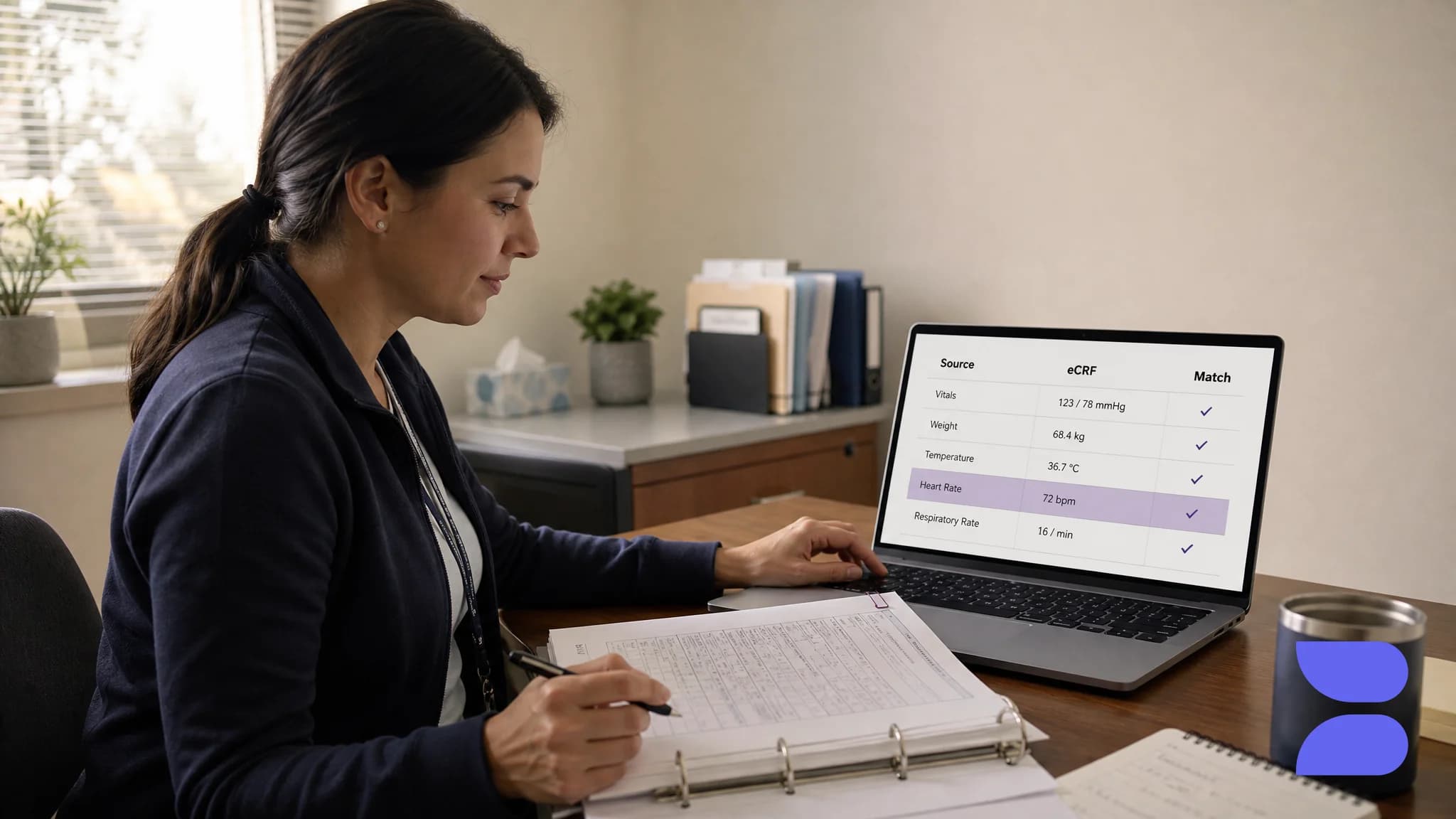 A clinical research associate on a site monitoring visit, checking a paper source binder against a clean source-data verification table