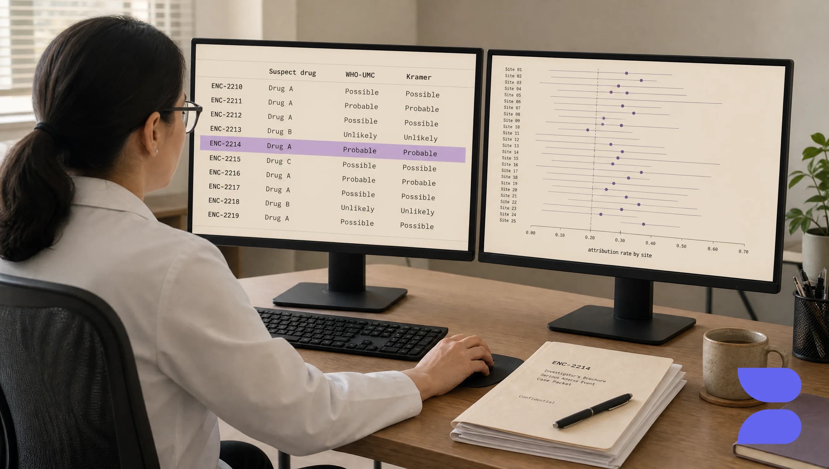 A pharmacovigilance physician at a dual-monitor workstation reviewing per-drug WHO-UMC and Kramer scores beside a site-by-site attribution chart