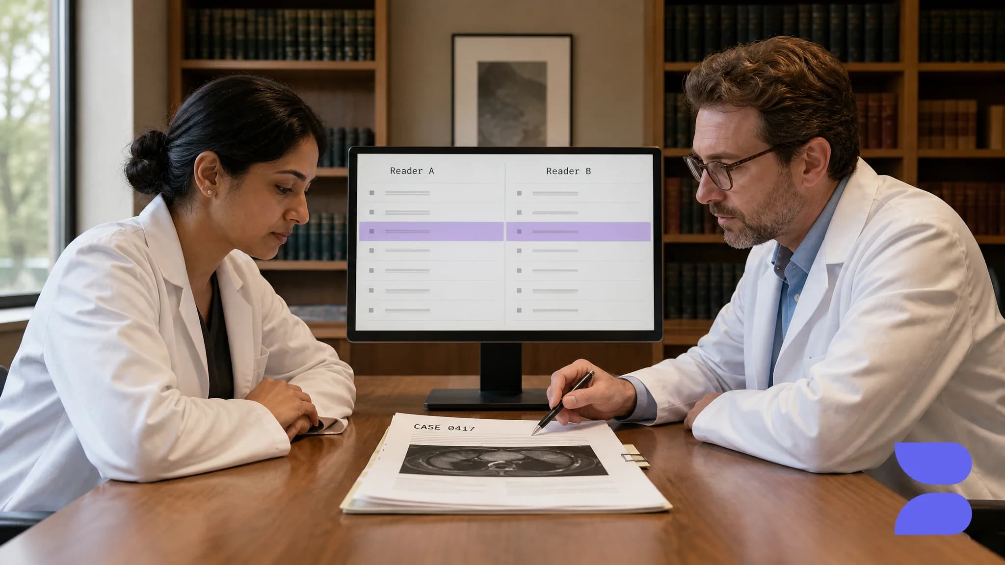 Two clinicians adjudicating the same oncology case side by side, a Reader A and Reader B comparison on the shared screen